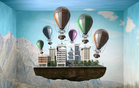 Exterior model flying on color air balloons. Mixed media