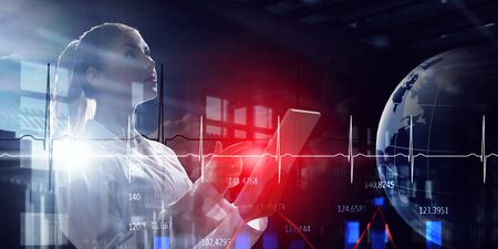 Attractive woman scientist and media interface panel. 3d renderingの写真素材