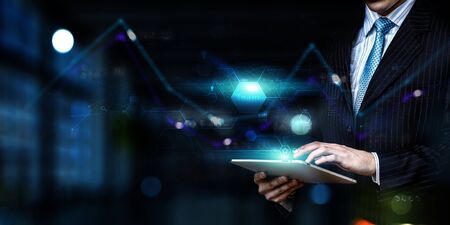 Close of businessman holding tablet computer and bitcoin concept. 3d rendering