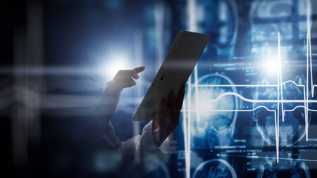 Attractive woman scientist and media interface panel. 3d renderingの写真素材