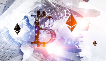 Crypto currency concept. Mixed media
