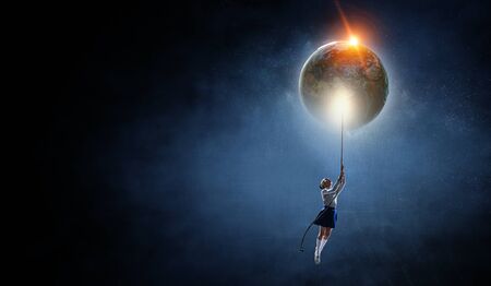 Kid girl catching moon. Mixed media