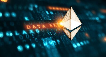 Ethereum crypto currency icon on technology background. 3d renderingの写真素材