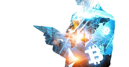 Close of elegant businesswoman holding tablet computer and bitcoin concept. 3d renderingの写真素材