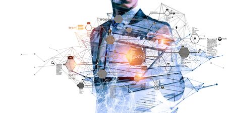 Human hand drawing on screen connection lines of network. 3d renderingの写真素材