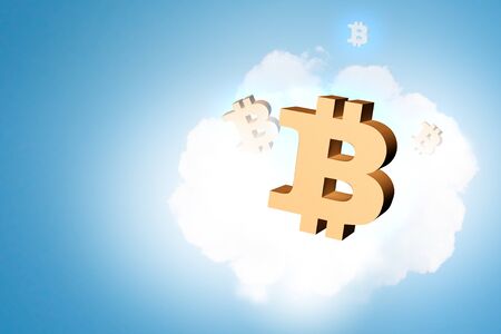 Large glowing bitcoin hologram symbol and connection lines. 3d renderingの写真素材