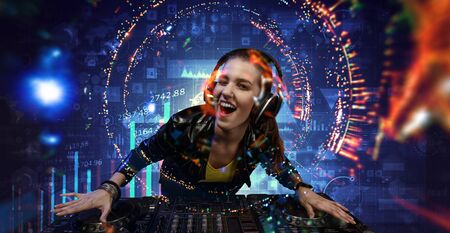 Female dj in nightclub. Mixed media