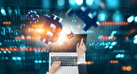 Top view of businesswoman working on laptop and crypto symbols. 3d rendering