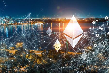 Ethereum crypto currency icon on cityscape background. 3d rendering