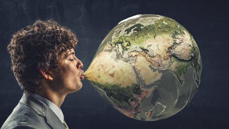 Guy blowing bubble . Mixed media