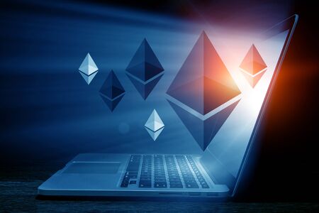 Virtual bitcoin and ethereum icons out of laptop screen. 3d rendering