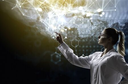 Attractive woman scientist and media interface panel. 3d rendering