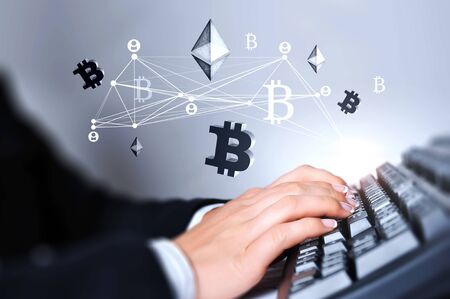 Close of businesswoman hands touching keyboard. 3d rendering
