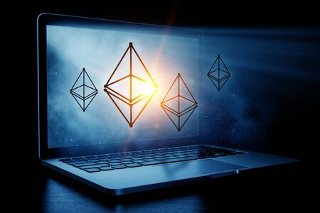 Virtual bitcoin and ethereum icons out of laptop screen. 3d rendering