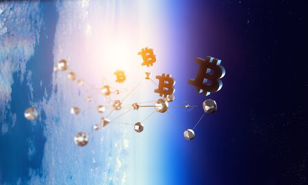 Space planets and crypto currency symbol.の写真素材
