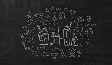 Business success ideas sketched on dark wallの写真素材