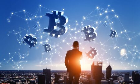 Large glowing bitcoin hologram symbol and connection lines. 3d rendering