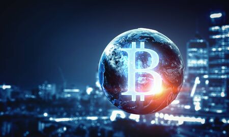 Large glowing bitcoin hologram symbol and connection lines. 3d rendering.の写真素材