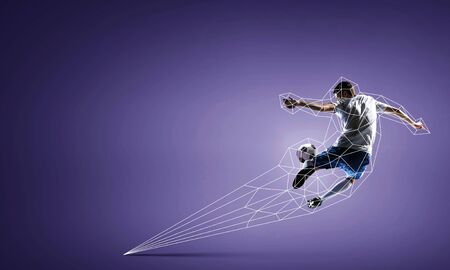 One soccer player man against color background. Mixed mediaの写真素材