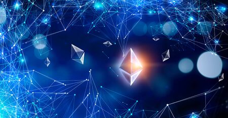 Ethereum crypto currency icon on technology background. 3d renderingの写真素材