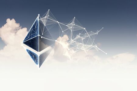 Ethereum crypto currency icon on sky background. 3d renderingの写真素材