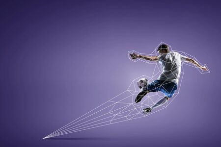 One soccer player man against color background. Mixed mediaの写真素材