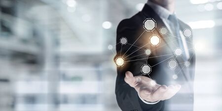 Close of businessman showing in palm social connection concept. 3d rendering