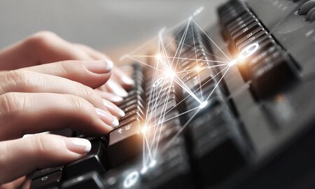 Hands of young woman presses the keyboard and connection lines. 3d rendering