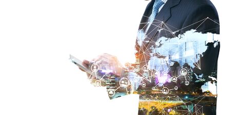 Double exposure of businessman using tablet and global connection concept. 3D renderingの写真素材