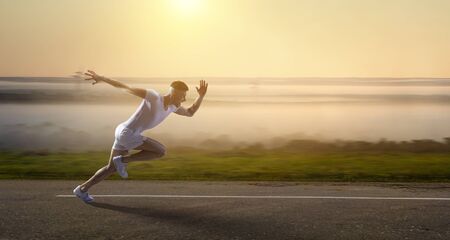 Athlete man running race. Mixed media