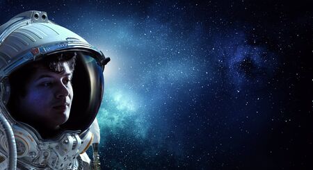 Astronaut pioneer doing research. Mixed media
