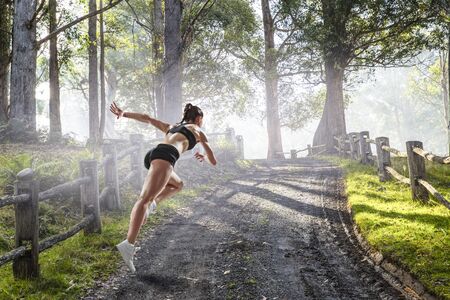 Young athlete girl running outdoor in summer sunny day. Mixed media