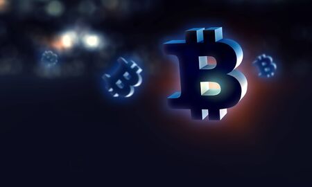 Large glowing bitcoin hologram symbol and connection lines. 3d renderingの写真素材