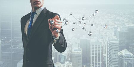 Young businessman against modern cityscape and connection concept. 3d rendering