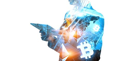 Close of elegant businesswoman holding tablet computer and bitcoin concept. 3d renderingの写真素材