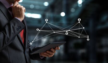 Close up of businessperson using tablet representing cloud computing concept. 3d renderingの写真素材
