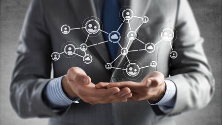 Close of businessman opened palm presenting connection concept. 3d rendering