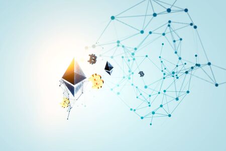 Ethereum crypto currency icon on blue background. 3d rendering