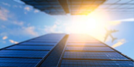 Airplane above business city . Mixed mediaの写真素材