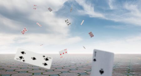 Playing cards falling. Mixed media