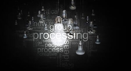 Many glass light bulbs hanging from aboveの写真素材