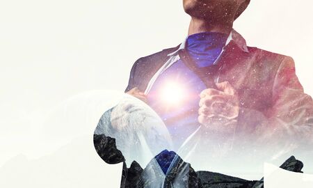 Back view of businessman on fantasy space background.