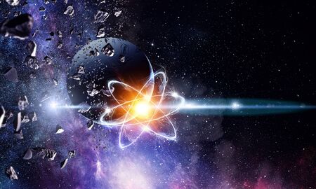 Atom molecule on space background as science concept. 3d renderingの写真素材