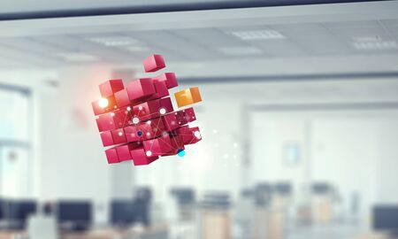Concept of technology integration with cube figure in interior. 3d rendering