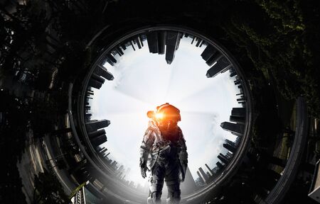 Spaceman in suit against round cityscape concept. Mixed media