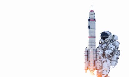 Astronaut on white background holding rocket in hands. Mixed media
