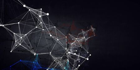Connection structure with lines and dots against dark background. 3d rendering