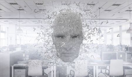 Modern technology concept wih cyber robot face. Mixed media