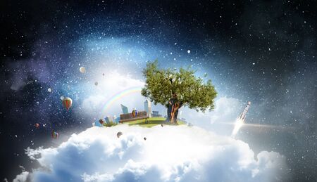 Modern cityscape with buildings and skyscrapers floating on clouds in skyの写真素材