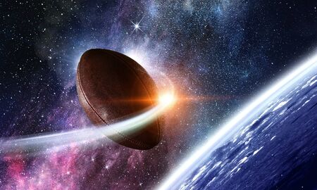 Rugby ball floating in space as planet